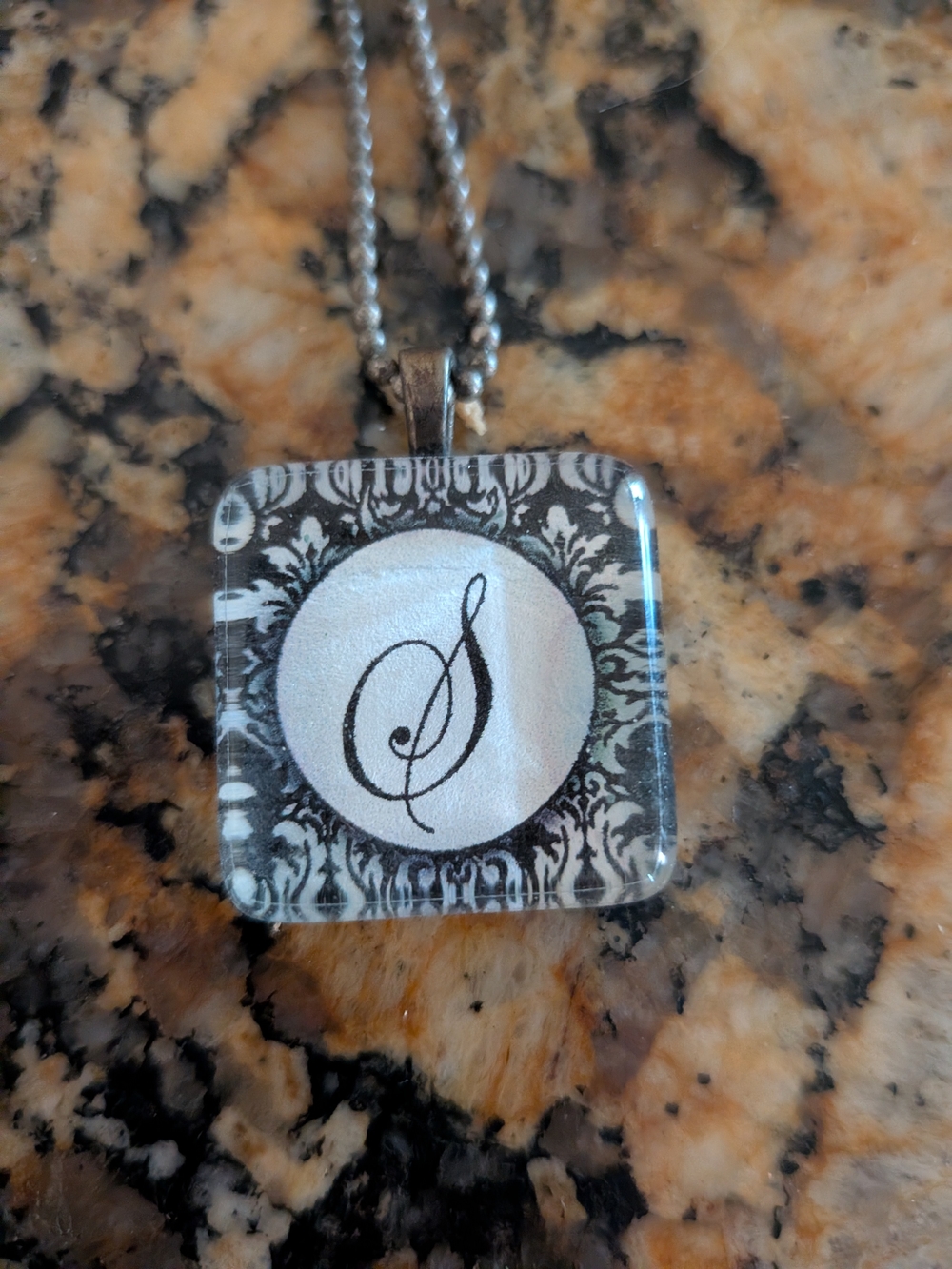 Monogram 'S' Black & White Square Glass Pendant Necklace